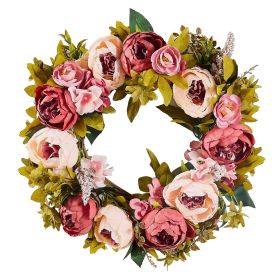 Artificial Decorative Wreath, 19 in, Pink, Decorated with Peonies, Hydrangeas, Babysbreath