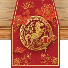 Chinese New Year Table Runner, 2026 Horse Theme Red Gold Linen Table Decoration for Spring Festival Home Party